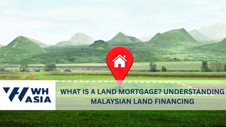 Photo of an empty plot of land with a map pin and house symbol above it, answering the question 'what is a land mortgage?'.